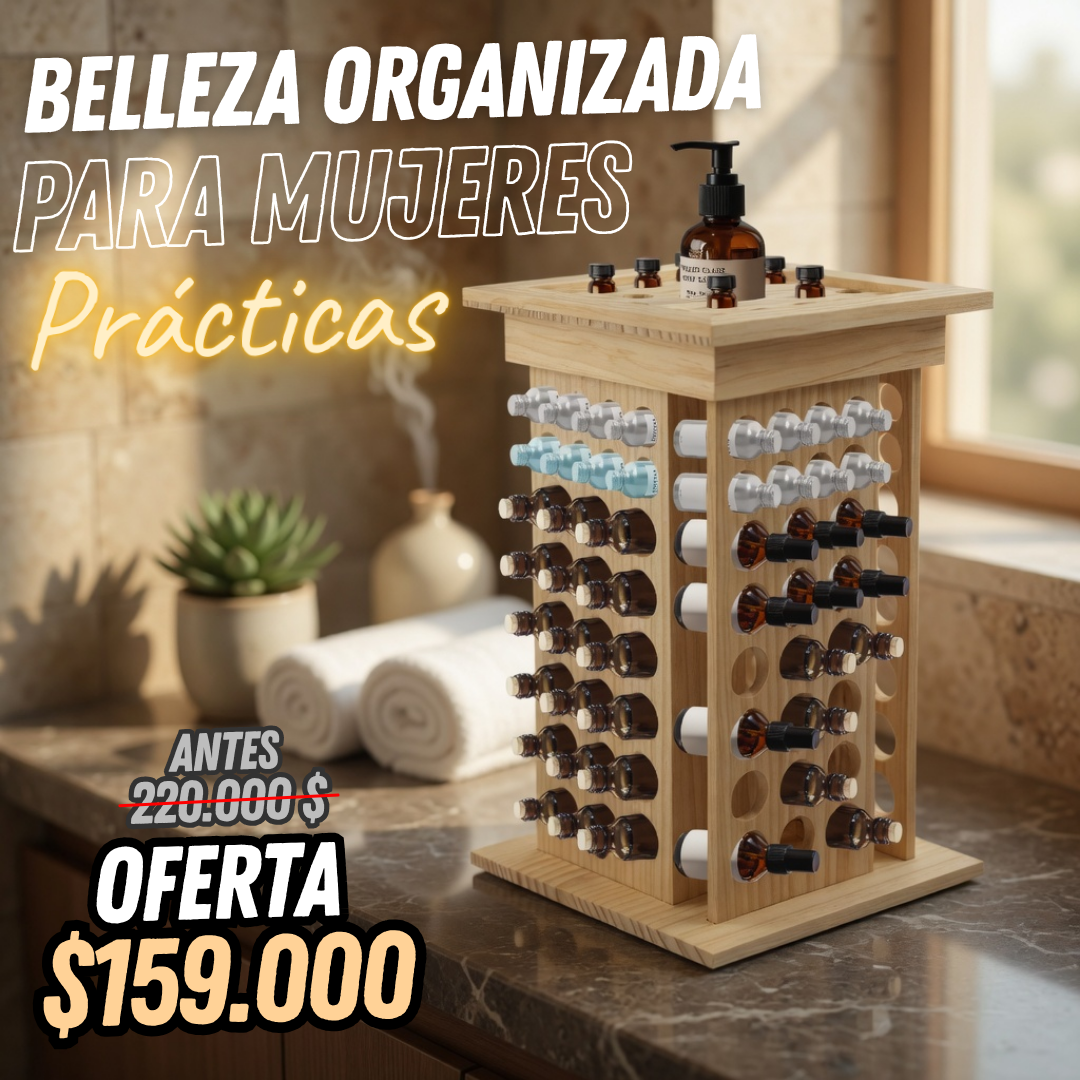 Organizador Giratorio para Aceites Esenciales y Cosméticos en Madera