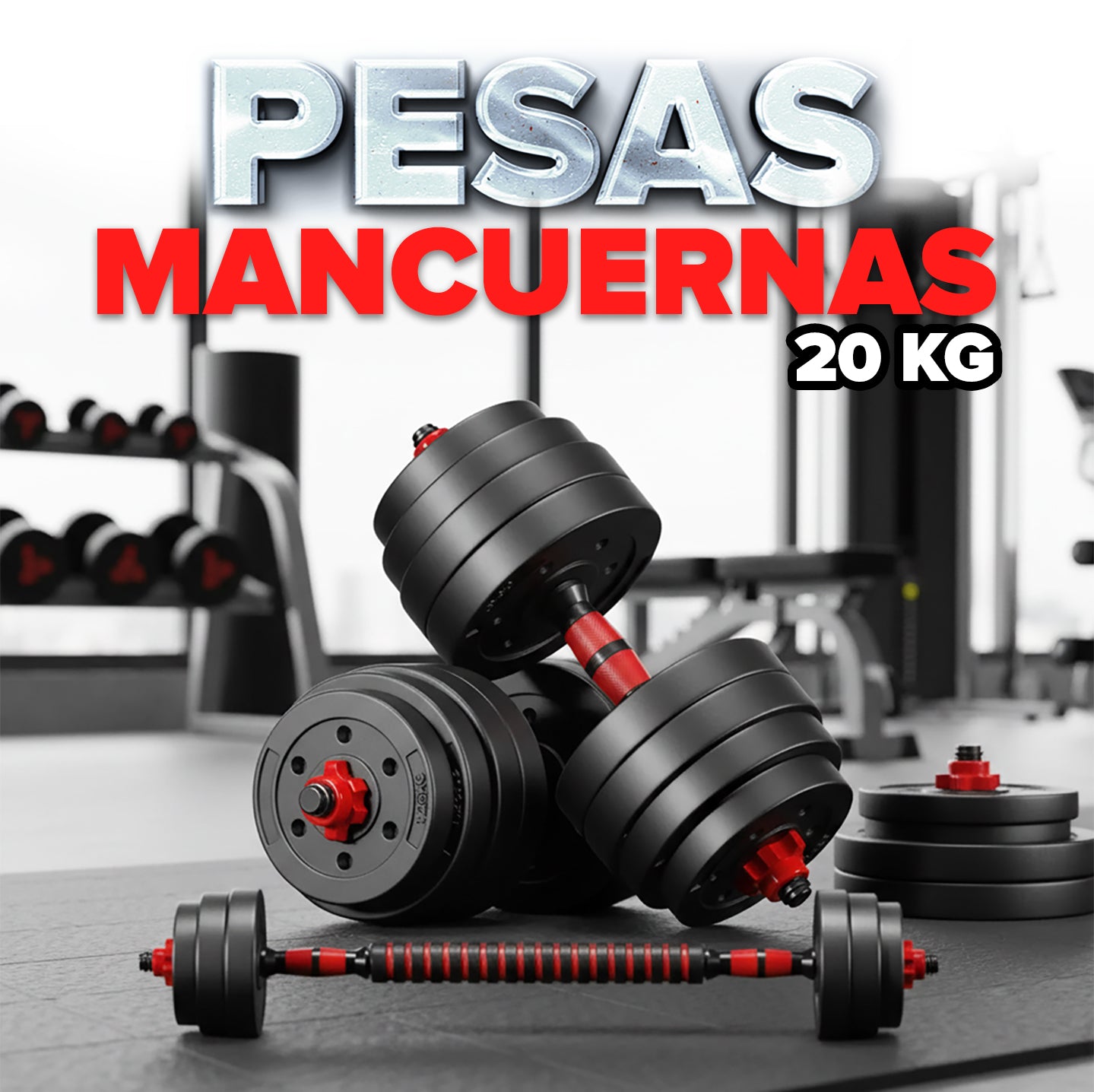 Pesas Mancuerna 20kg Set Convertible A Barra (Incluye agarre pesa Rusa Gratis)