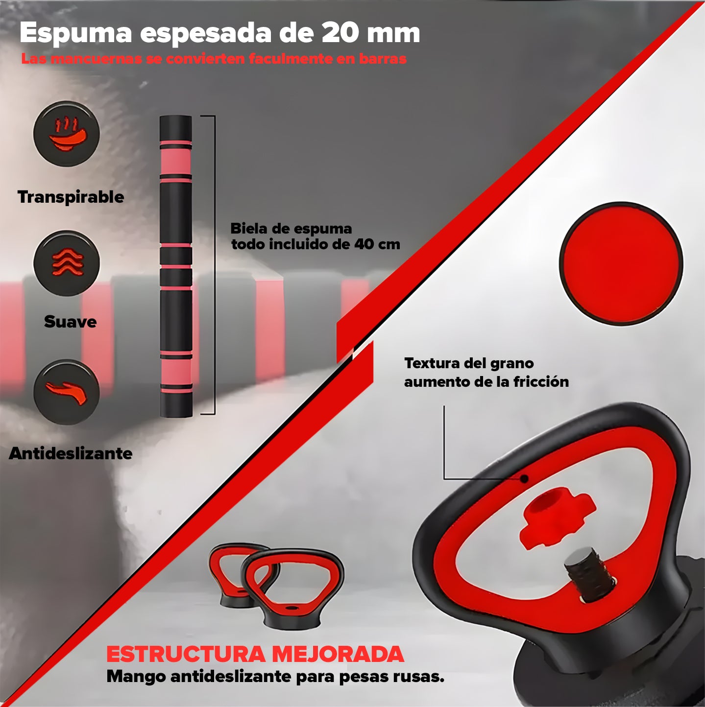 Pesas Mancuerna 20kg Set Convertible A Barra (Incluye agarre pesa Rusa Gratis)