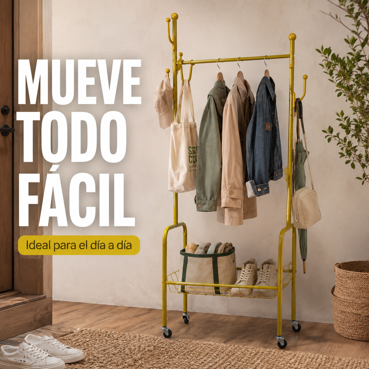 ✨ Perchero Móvil Premium 3 en 1 con Rodachines y Ganchos Multiusos
