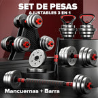 Pesas Mancuerna 20kg Set Convertible A Barra (Incluye agarre pesa Rusa Gratis)