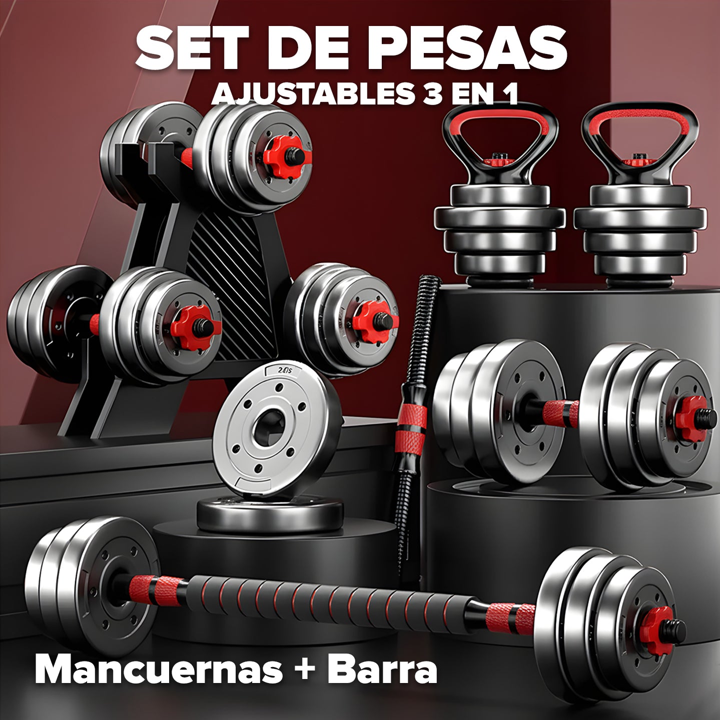 Pesas Mancuerna 20kg Set Convertible A Barra (Incluye agarre pesa Rusa Gratis)