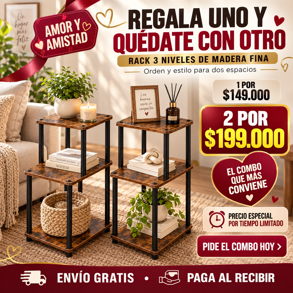 ⭐ Rack Premium 3 Niveles en Madera Fina – Organiza y Decora con Estilo