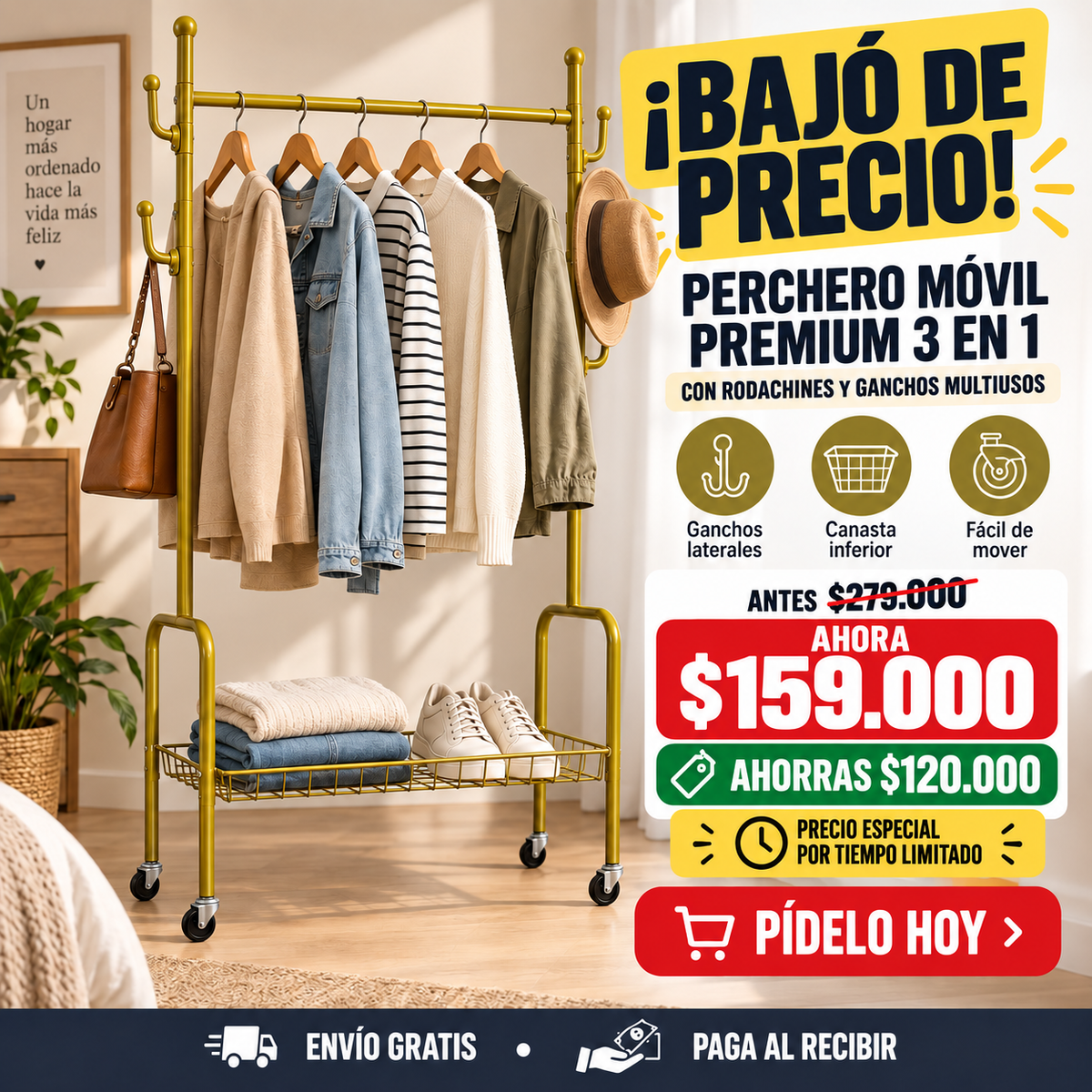 ✨ Perchero Móvil Premium 3 en 1 con Rodachines y Ganchos Multiusos