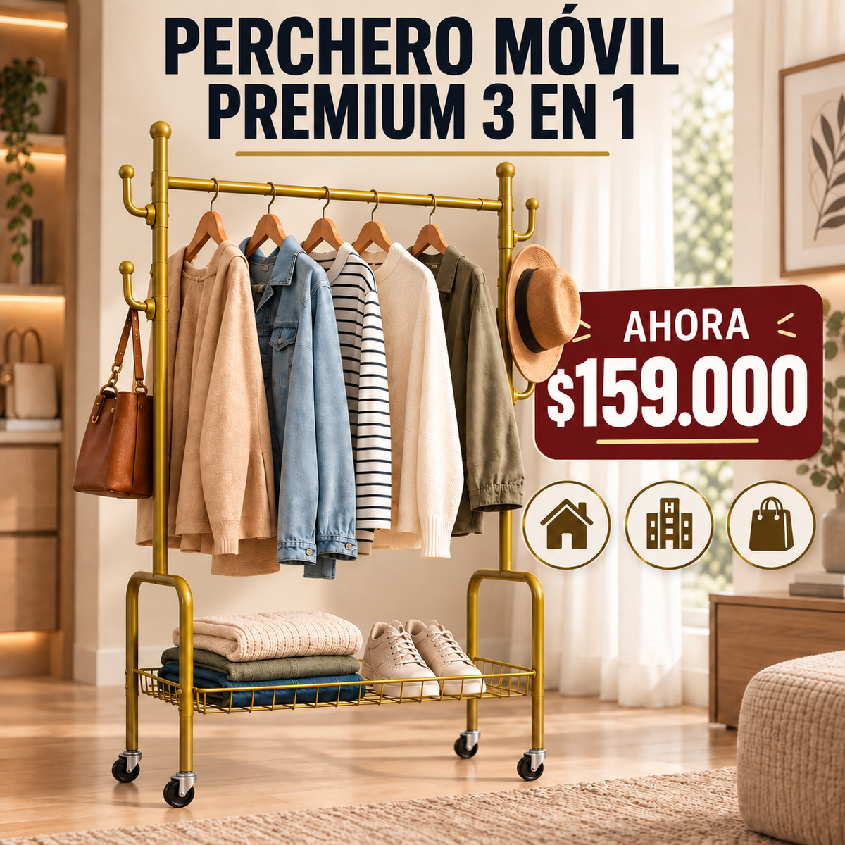 ✨ Perchero Móvil Premium 3 en 1 con Rodachines y Ganchos Multiusos
