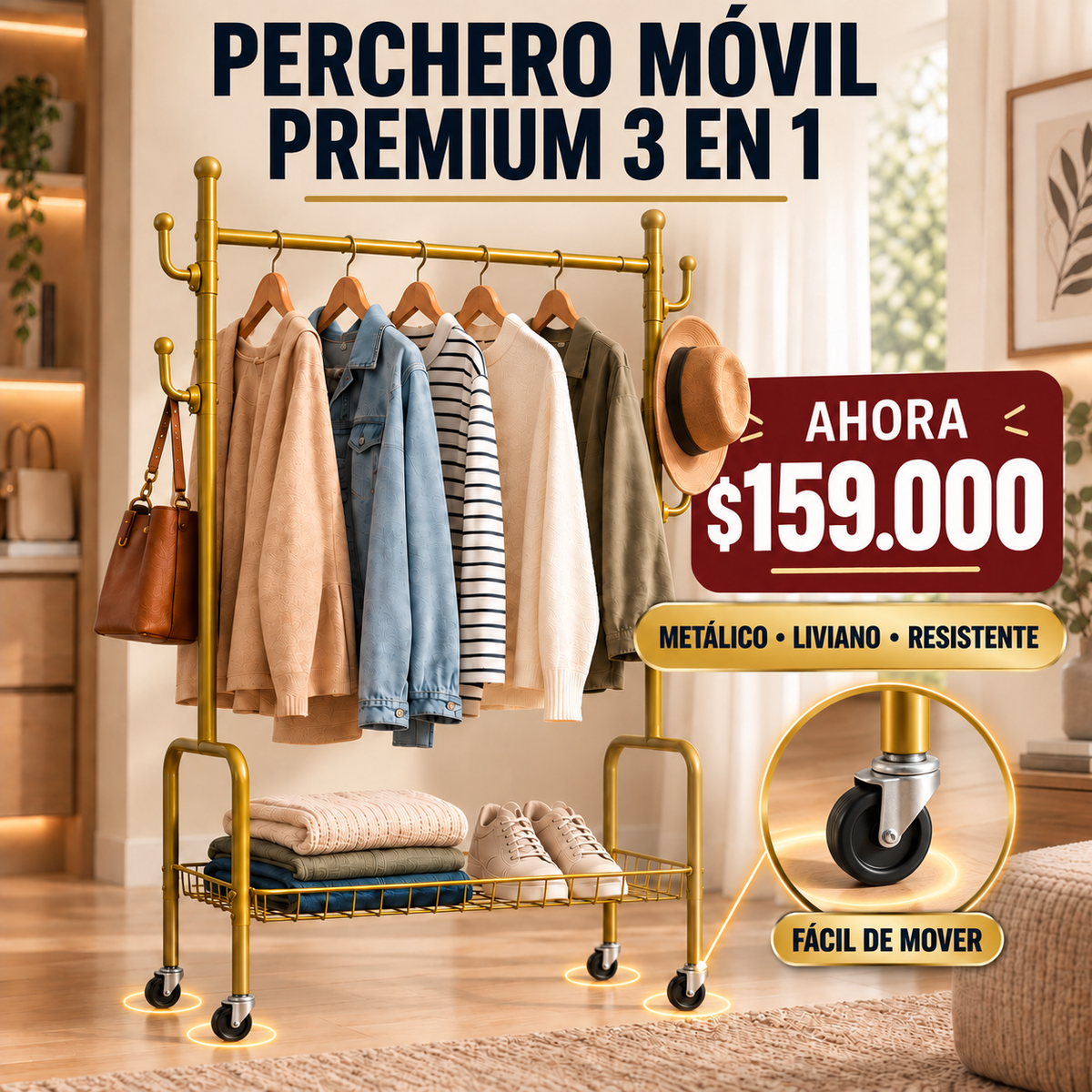 ✨ Perchero Móvil Premium 3 en 1 con Rodachines y Ganchos Multiusos