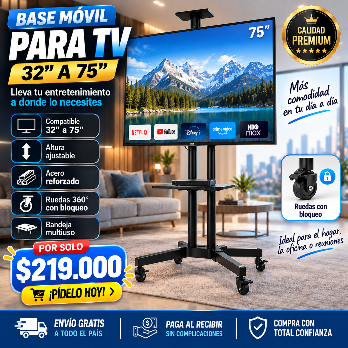Carrito de TV móvil LED para TV de 32-75 pulgadas.