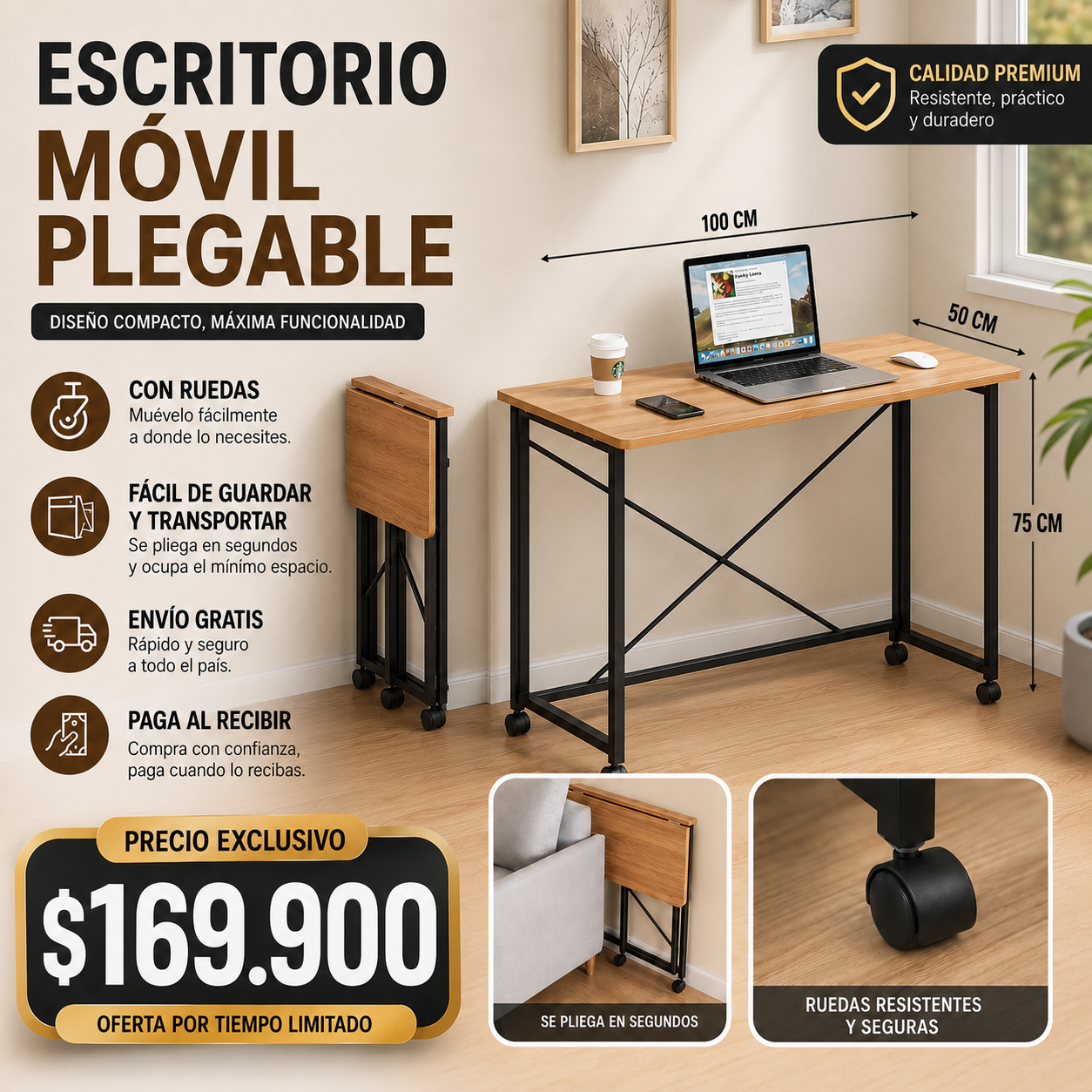 Escritorio Móvil Plegable Madera & Metal PREMIUM