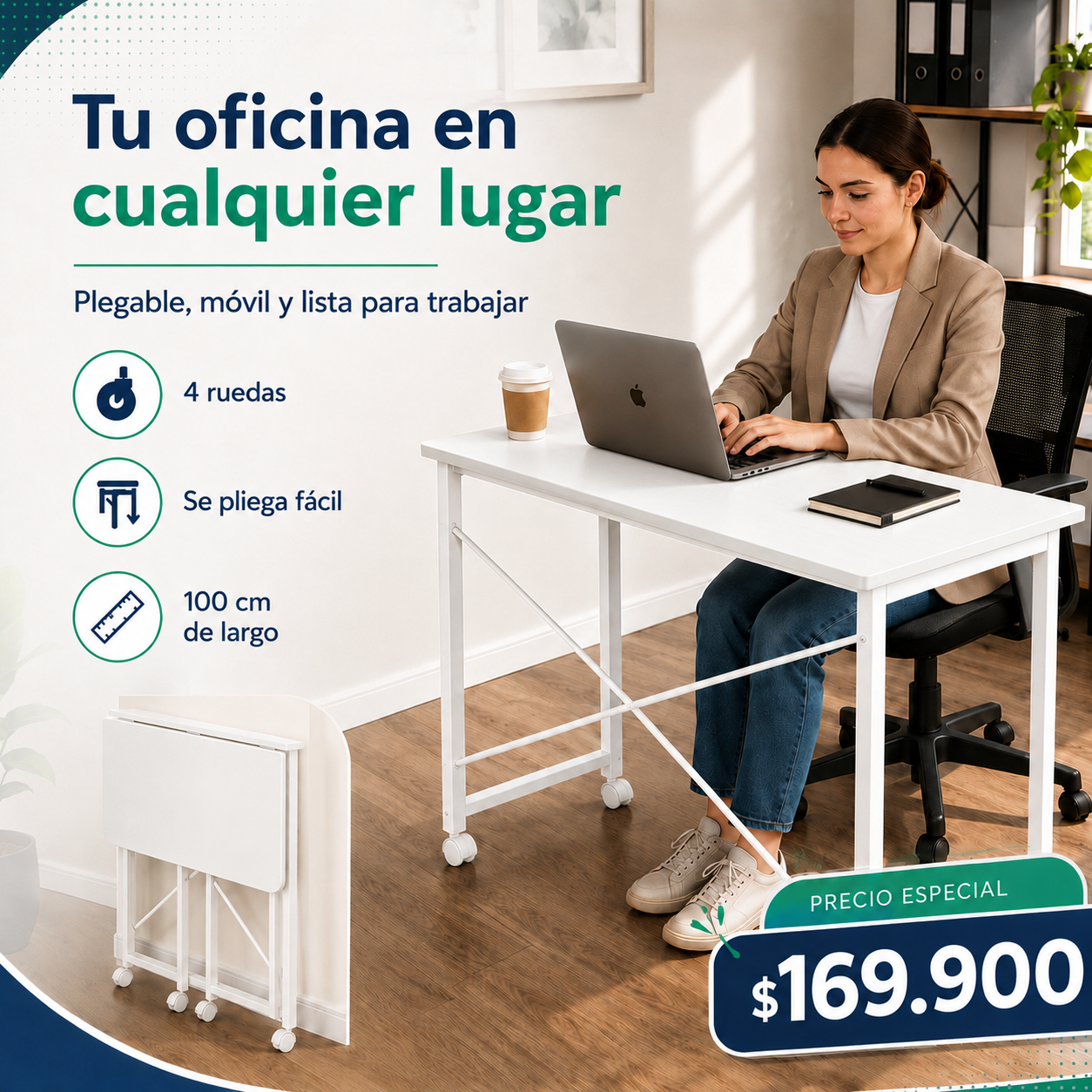 Escritorio Móvil Plegable Madera & Metal PREMIUM