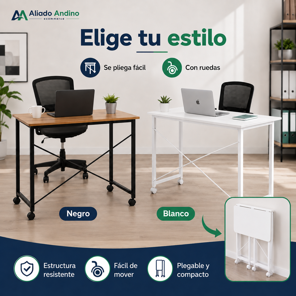 Escritorio Móvil Plegable Madera & Metal PREMIUM