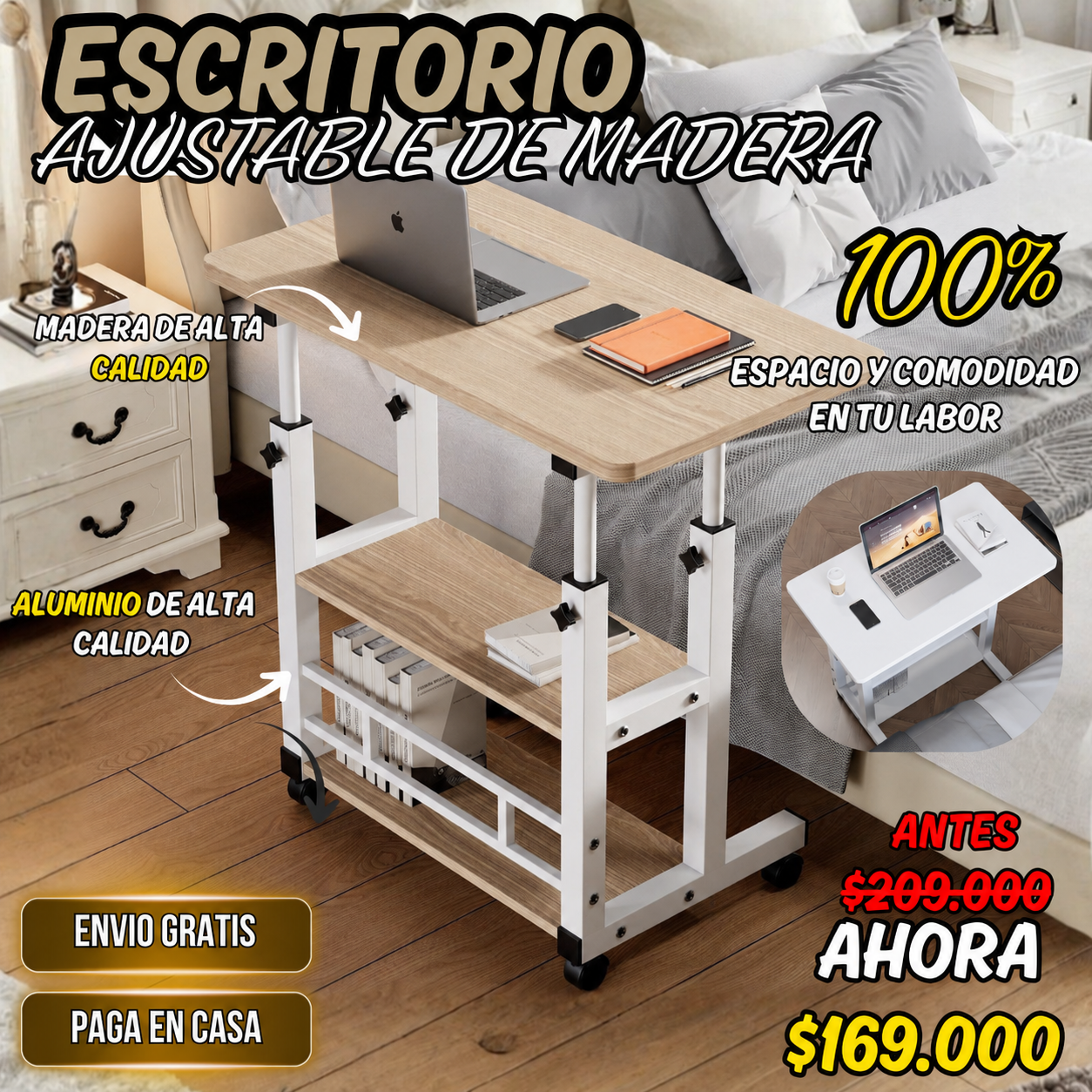 Mesa Plegable de Madera – Altura Regulable Inteligente 89cm x 80 x 40