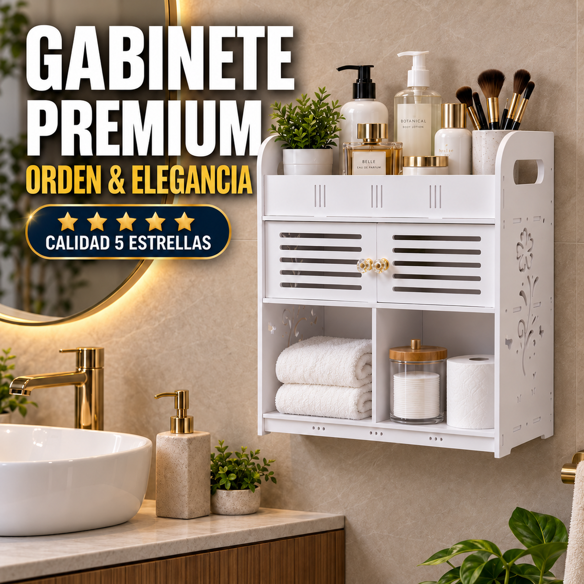 Gabinete Organizador Premium para Baño Con Repisas y Compartimento Cerrado