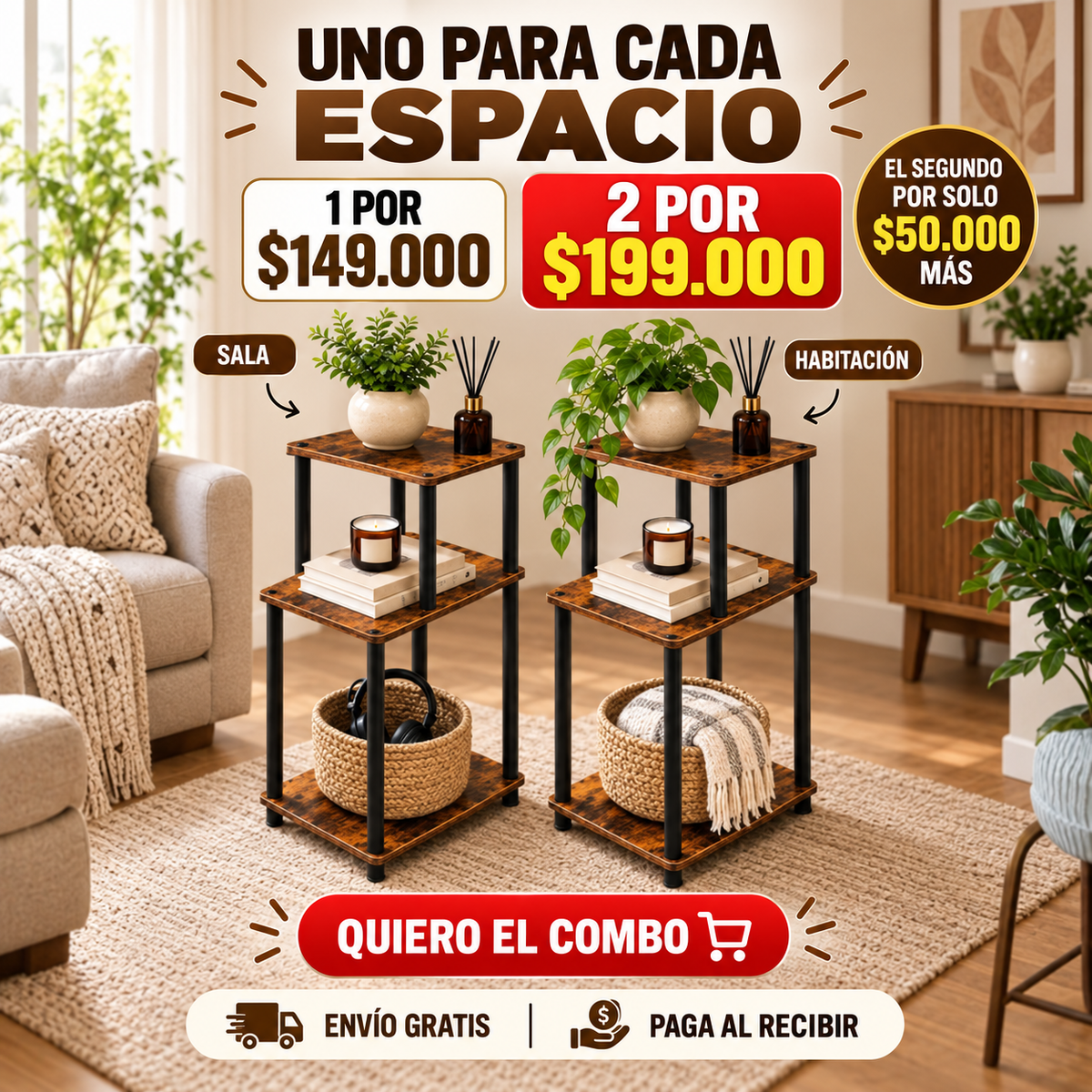 ⭐ Rack Premium 3 Niveles en Madera Fina – Organiza y Decora con Estilo