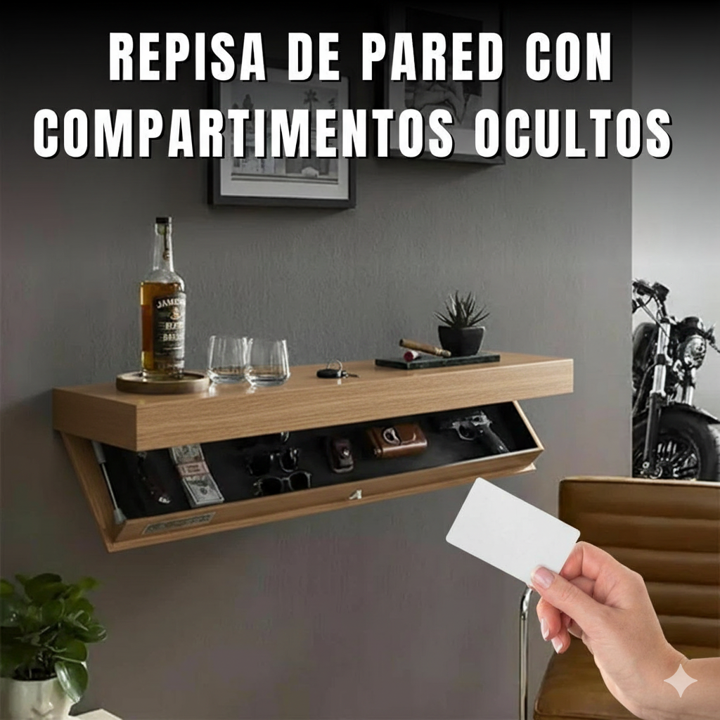 Repisa de Madera con Cajón Oculto Inteligente — Acceso por Tarjeta y Llavero de Proximidad ( 50x28x8)