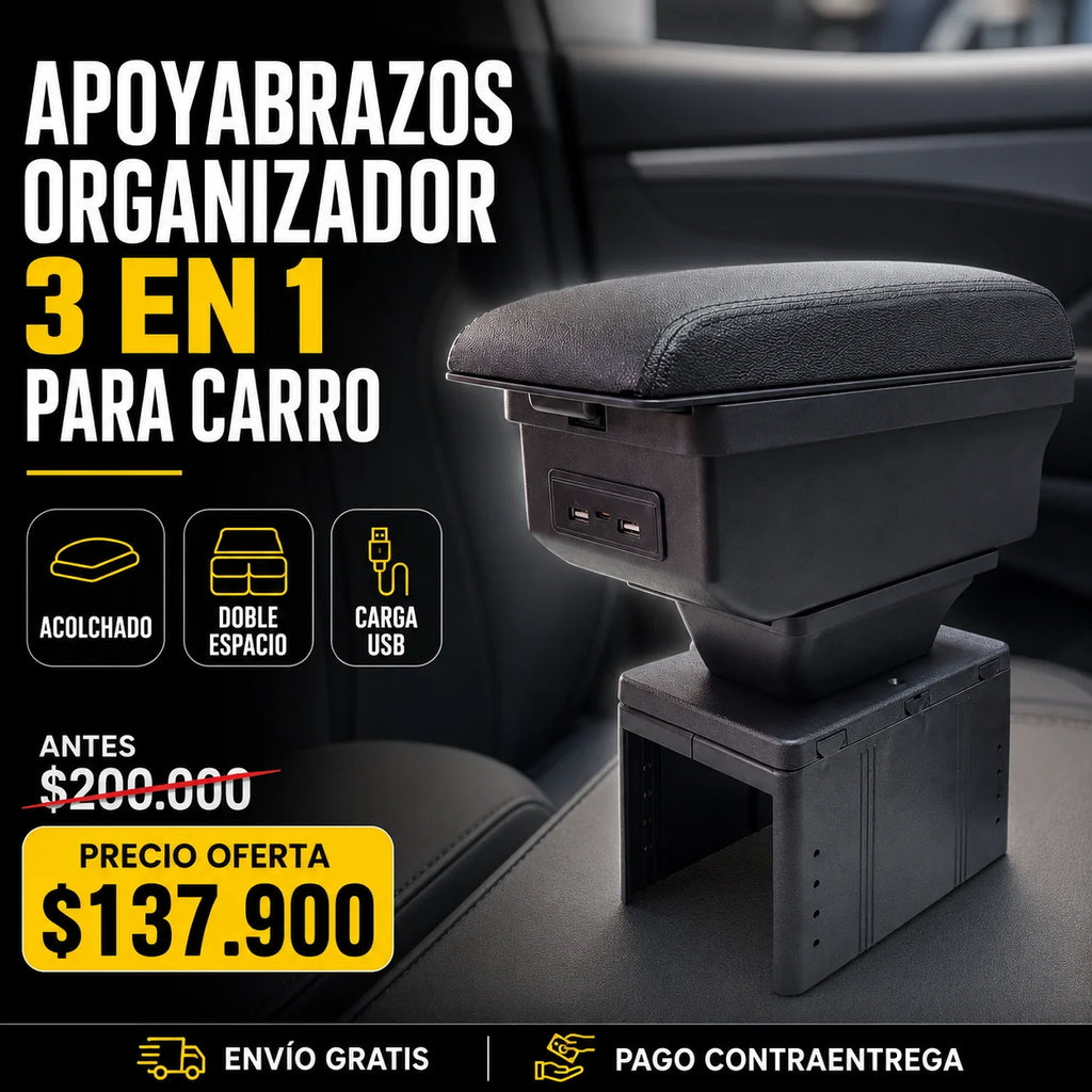 Cajonera apoyabrazos Universal 3 en 1 para Carro con Carga USB