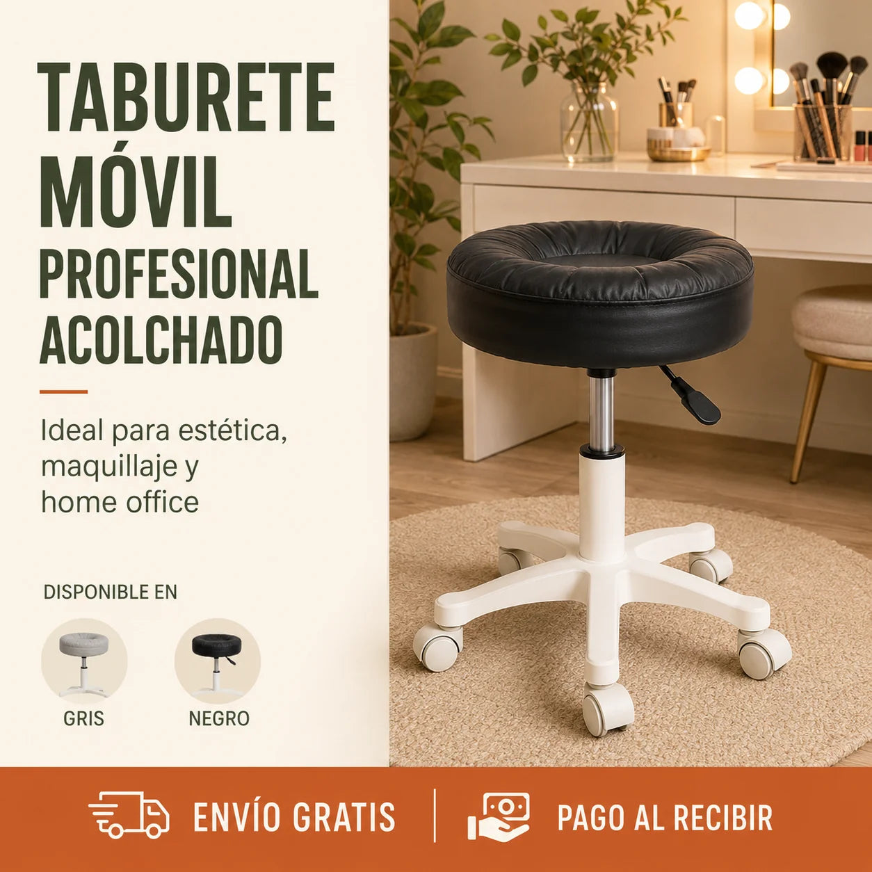 Taburete Profesional Acolchado 360° con Ruedas y Altura Ajustable