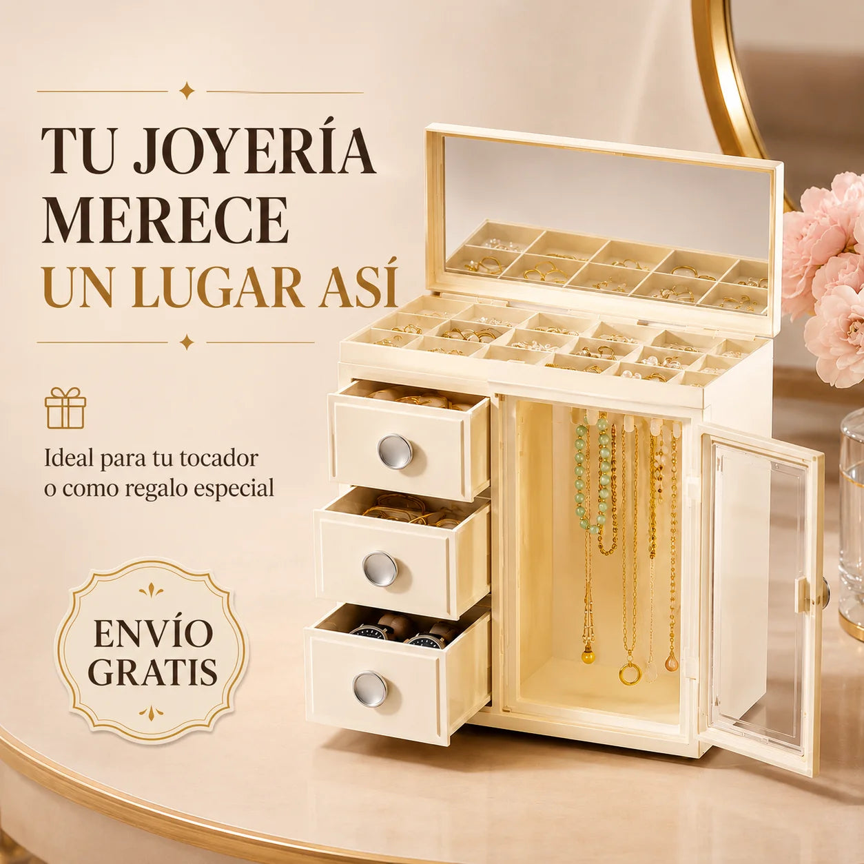 Joyero Europeo Organizador Premium con Espejo, Cajones y Compartimentos