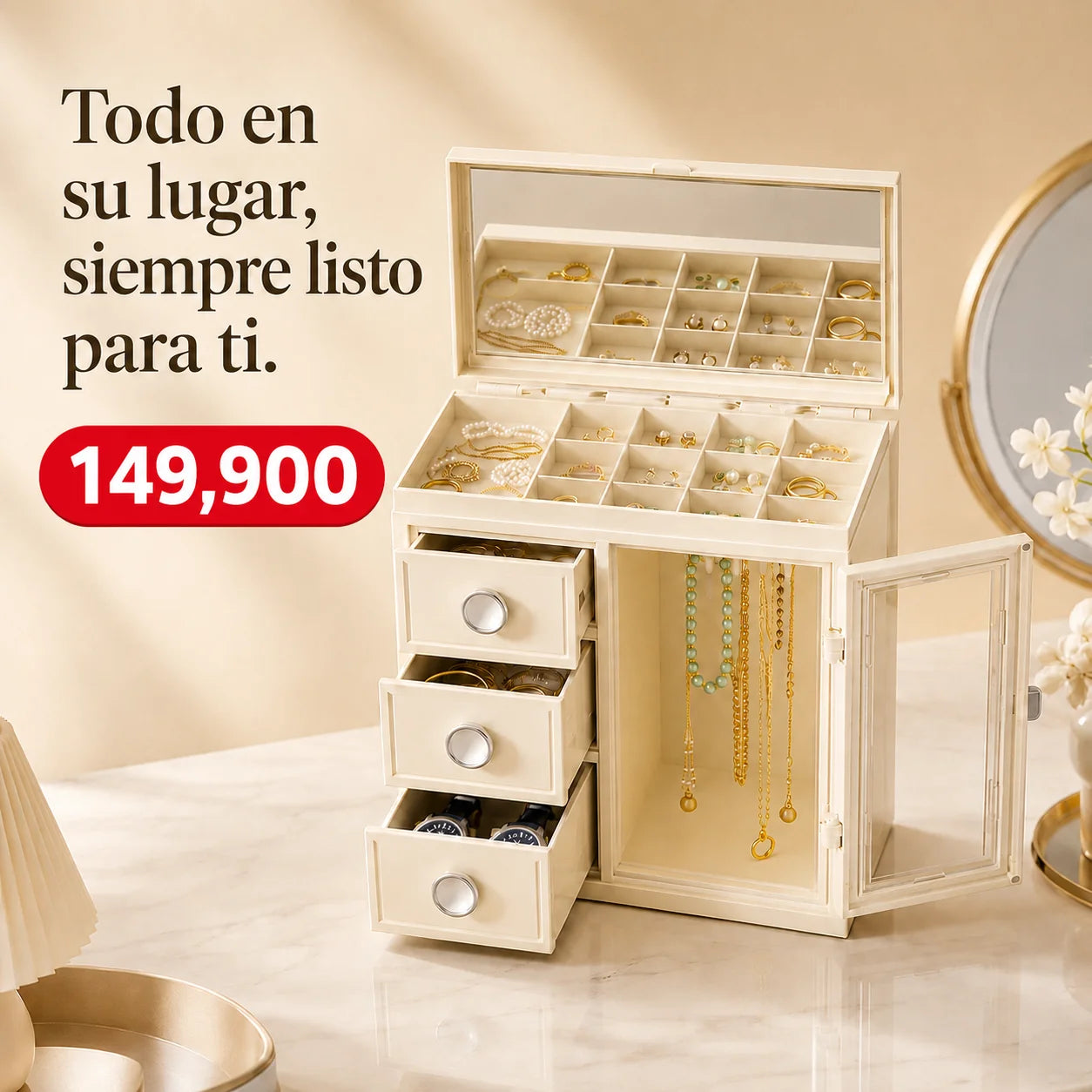 Joyero Europeo Organizador Premium con Espejo, Cajones y Compartimentos