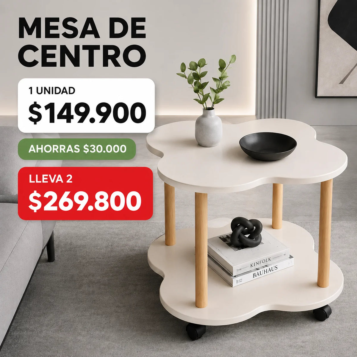 Mesa Auxiliar de Madera con Forma de Flor y Ruedas