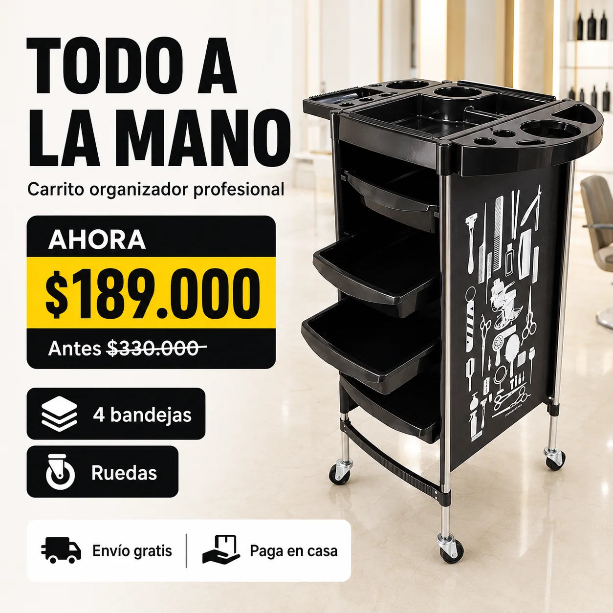 Carrito Organizador Profesional para Barbería y Peluquería con Ruedas