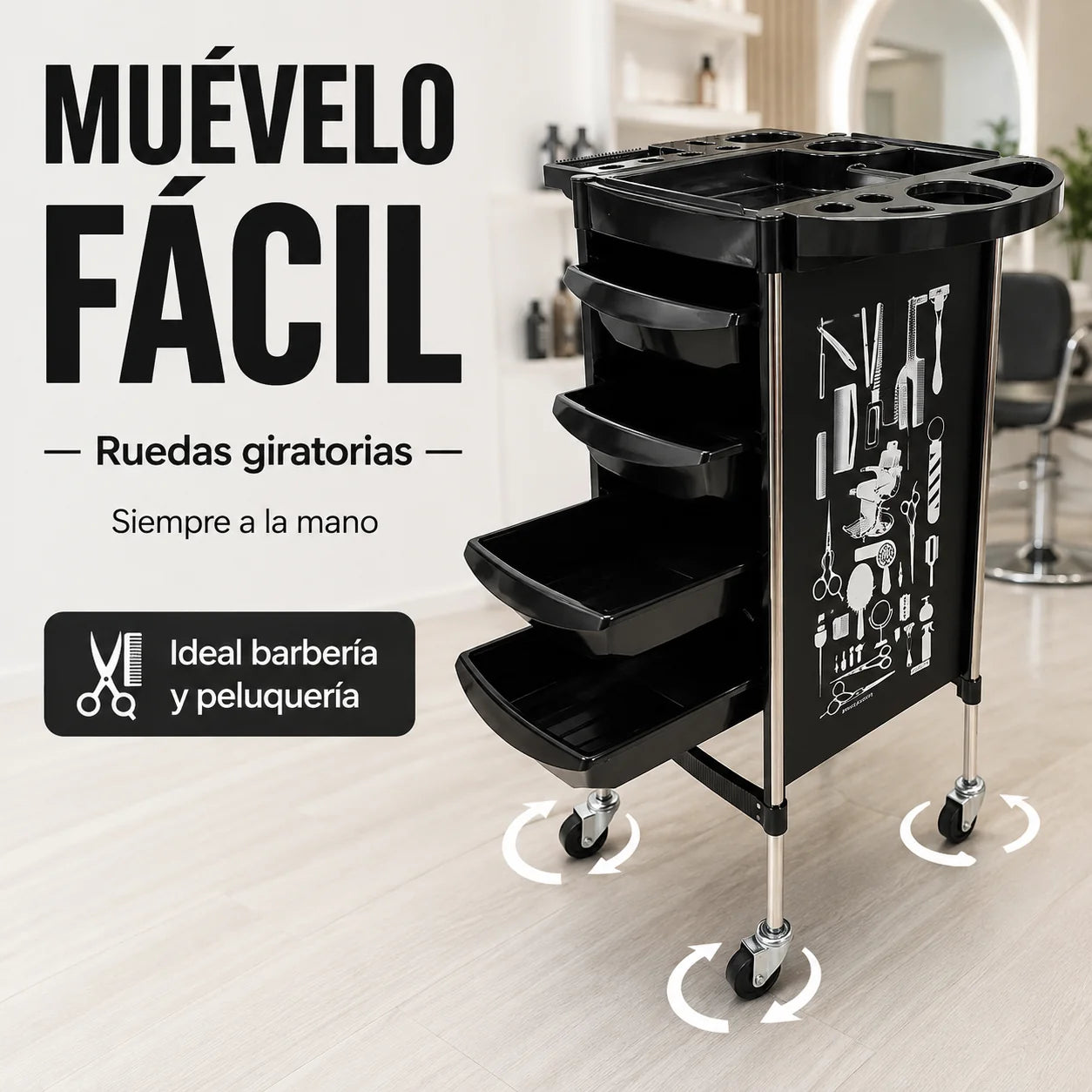 Carrito Organizador Profesional para Barbería y Peluquería con Ruedas