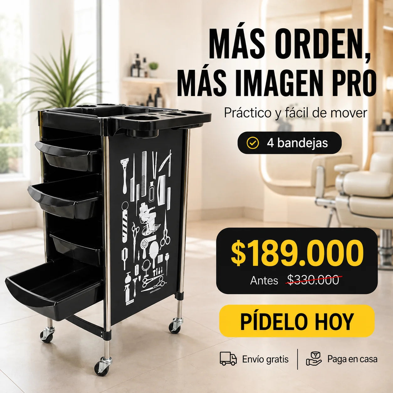 Carrito Organizador Profesional para Barbería y Peluquería con Ruedas
