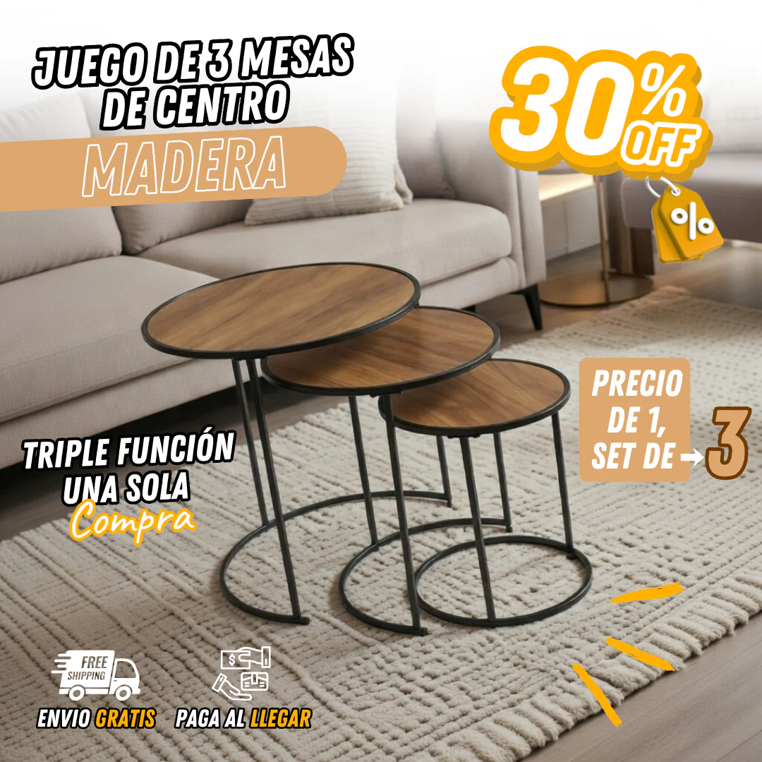 Juego de 3 Mesas de Centro de Madera TT